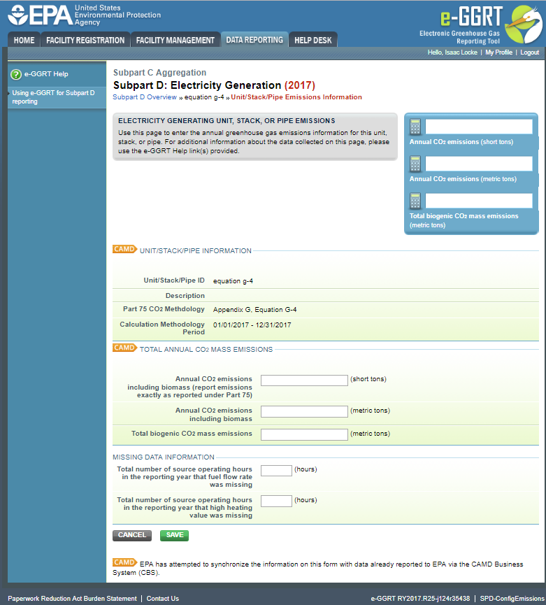 Subpart D Equation G-4Unit/Stack/Pipe Emissions Information page